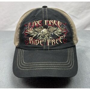 Live Free Ride Free Hat Cap Strap Back Black Tan Eagle Wings Embroidered Mens